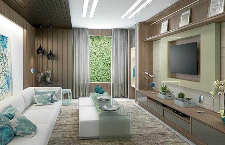 Sala de estar planejada para integrar ambientes, projetada pela Mazza Decor.